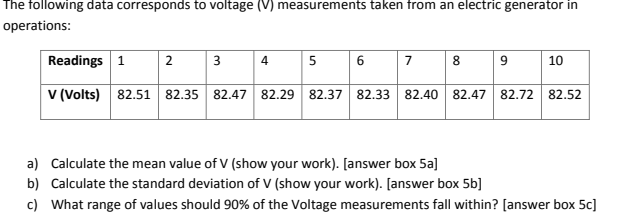 The following data corresponds to voltage ( V )