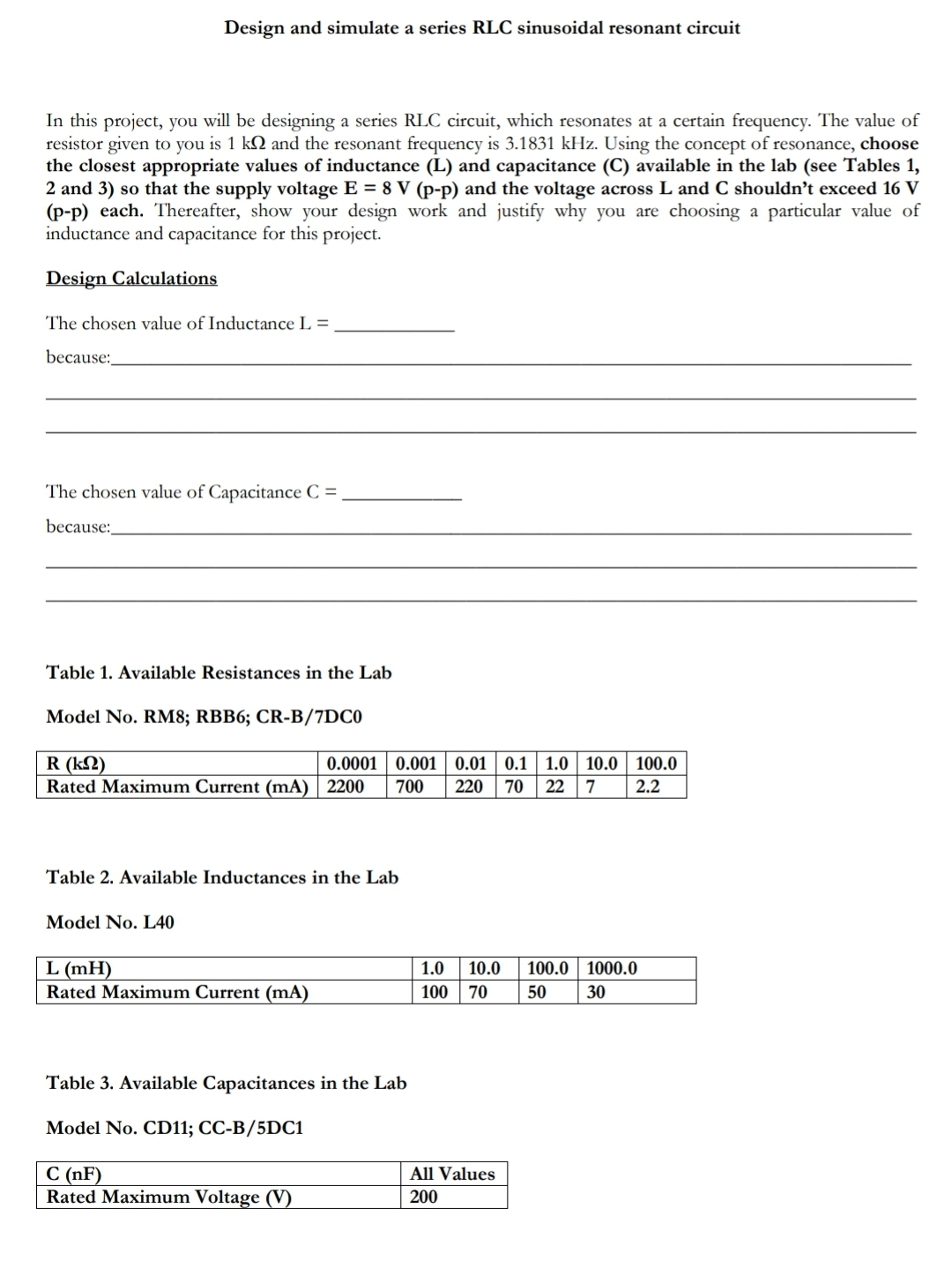 Design and simulate a series RLC sinusoidal