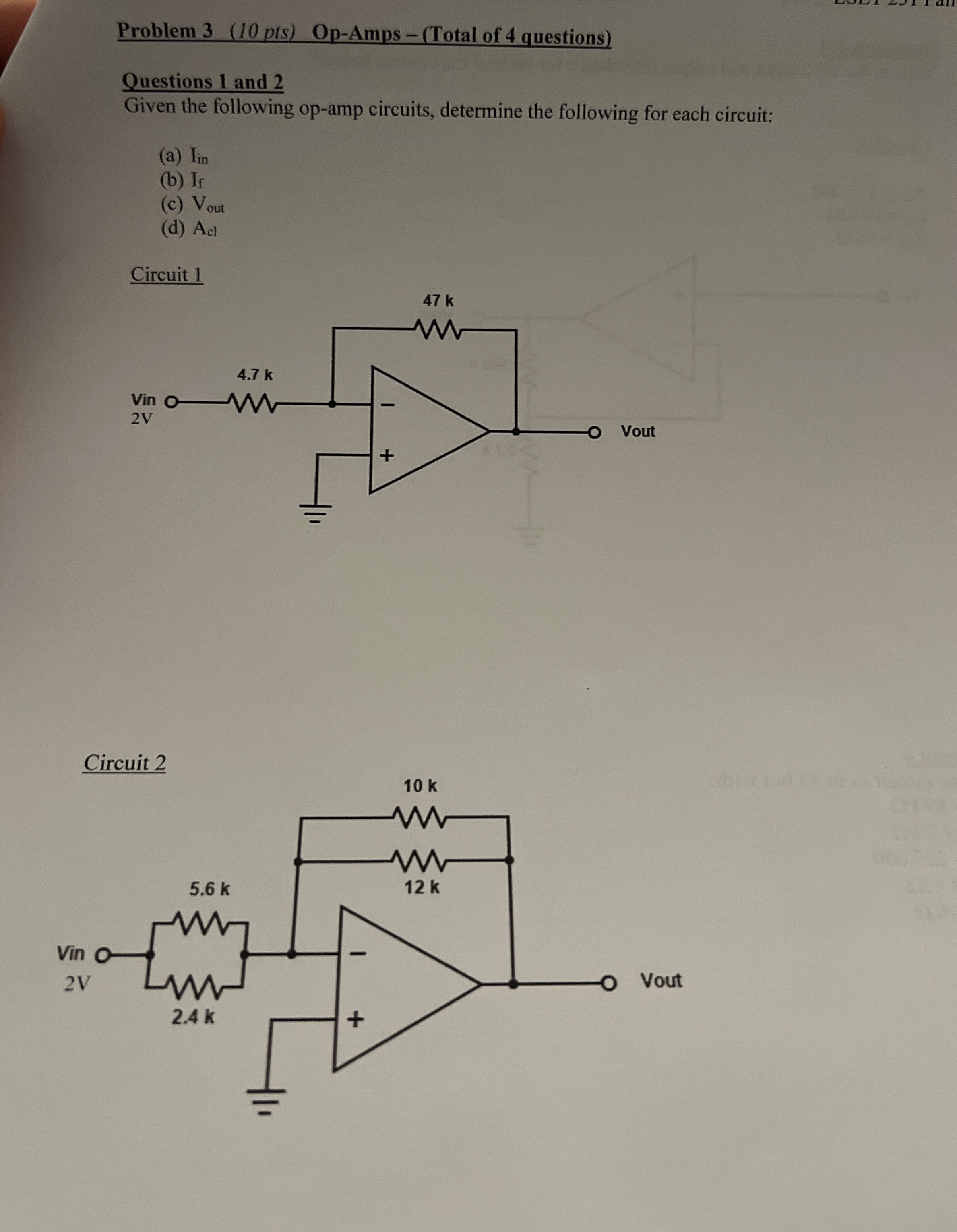 Problem 3 ( 1 0 pts ) Op - Amps - ( Total of 4