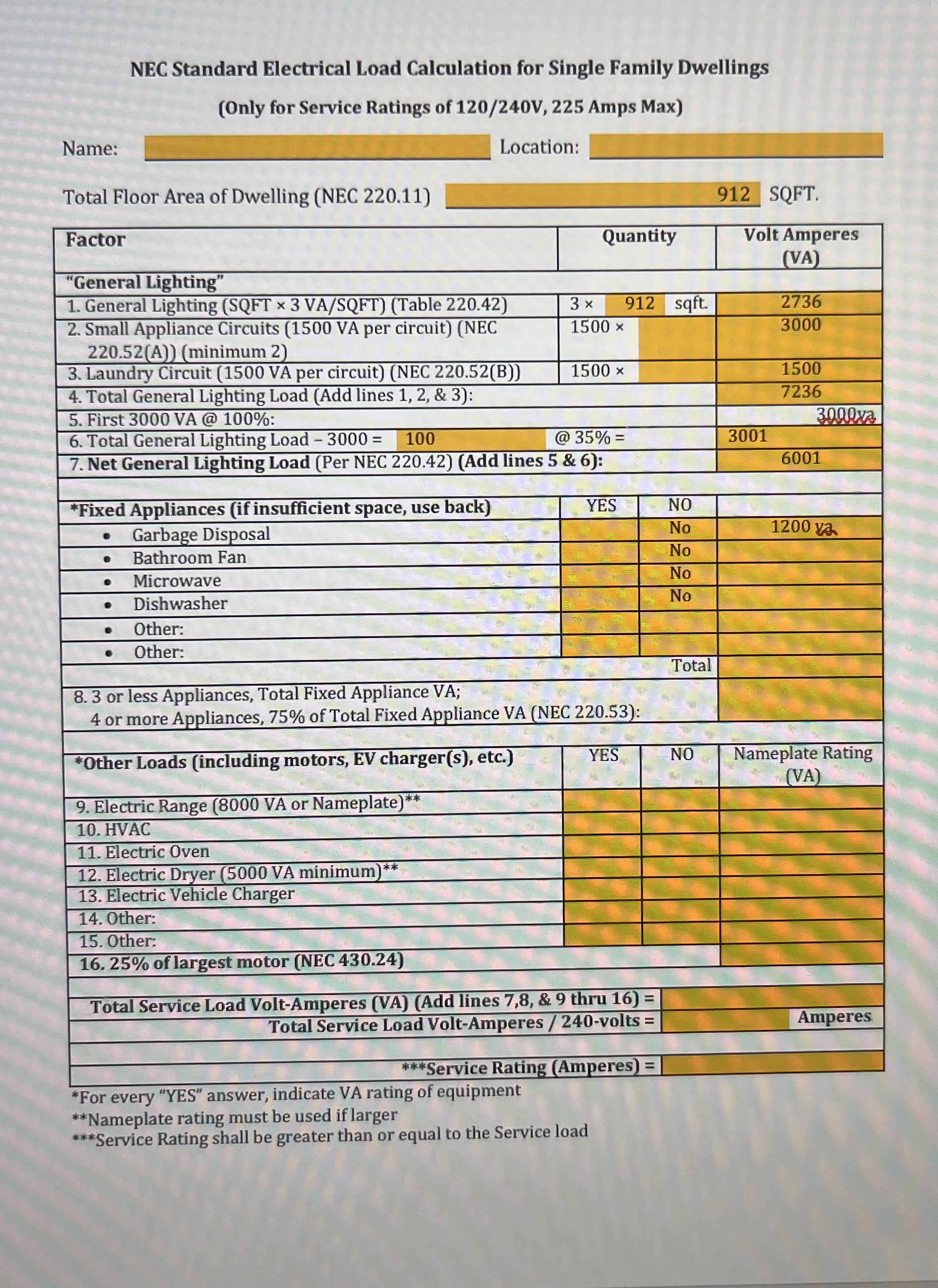 NEC Standard Electrical Load Calculation for