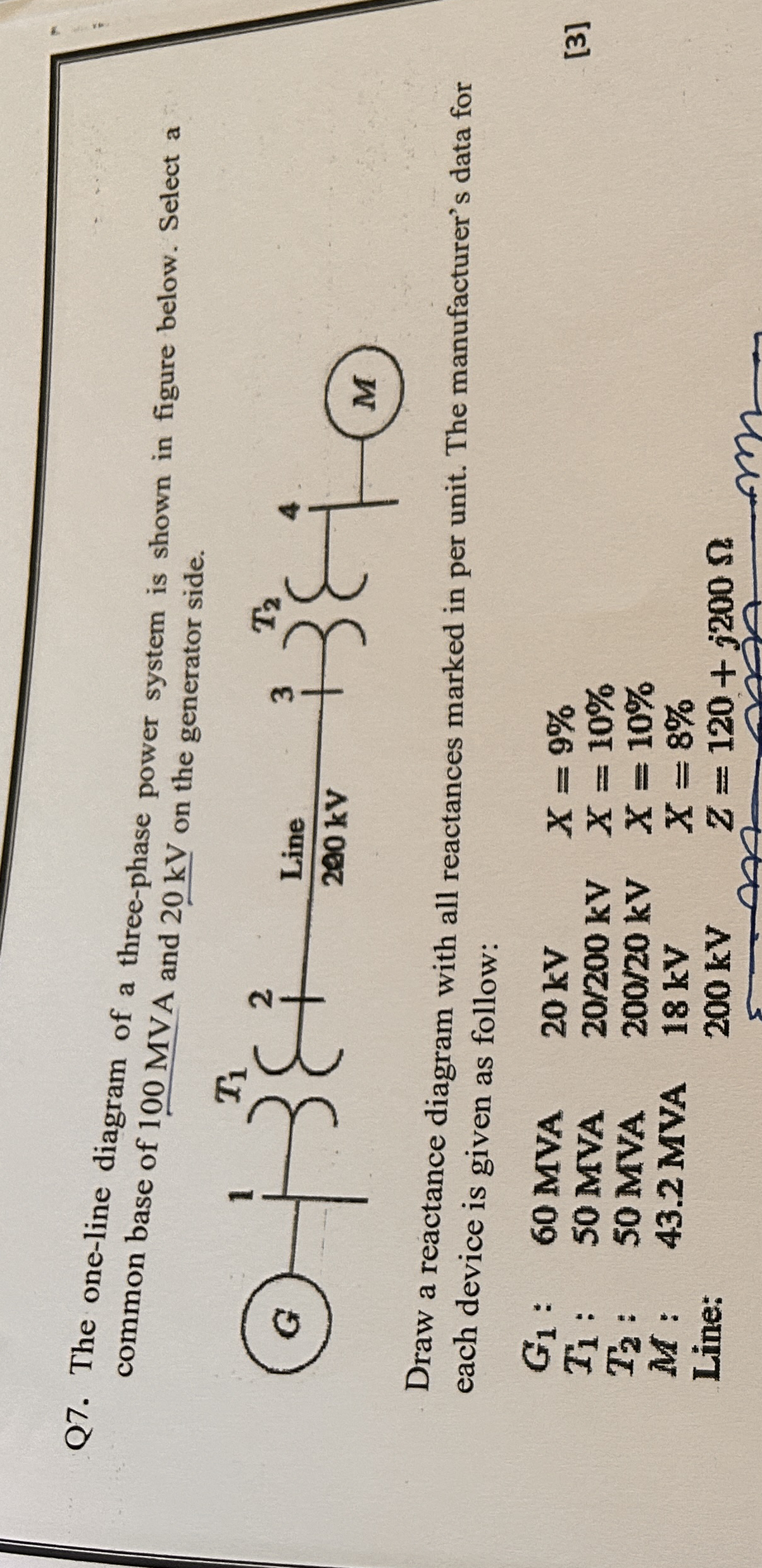 Q 7 . The one - line diagram of a three - phase