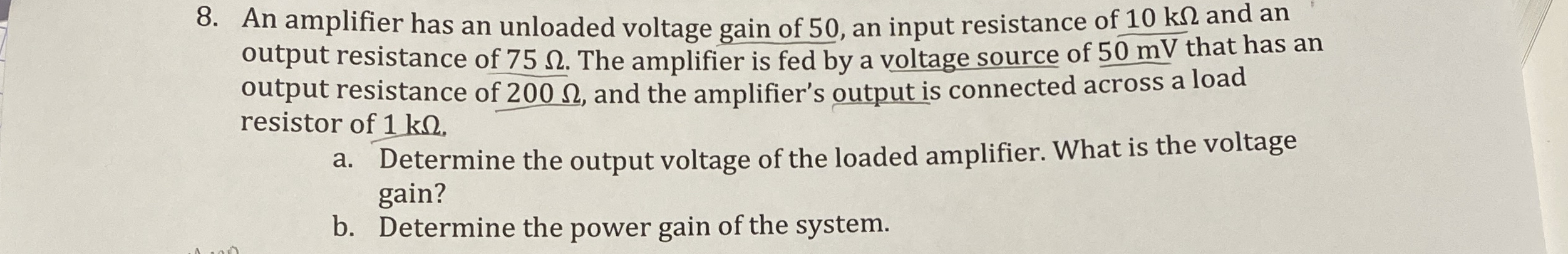 An amplifier has an unloaded voltage gain of 5 0