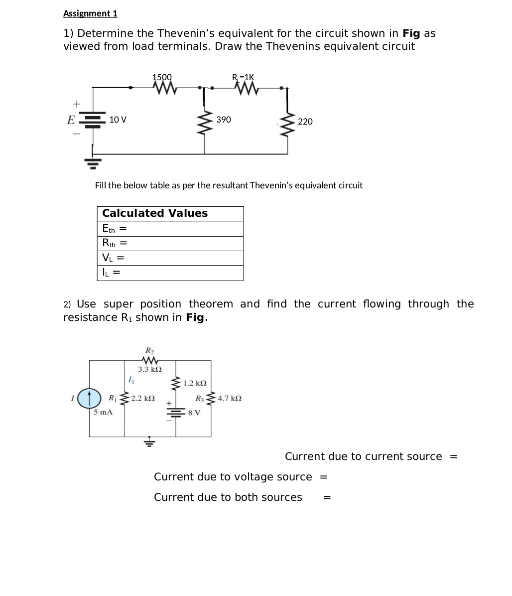 Assignment 1 Determine the Thevenin's equivalent