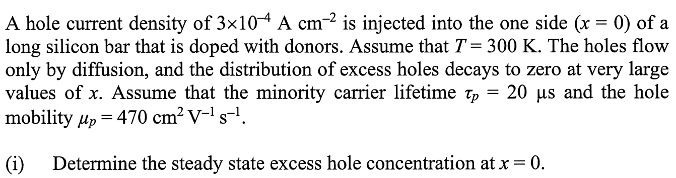 ( i ) Determine the steady state excess hole