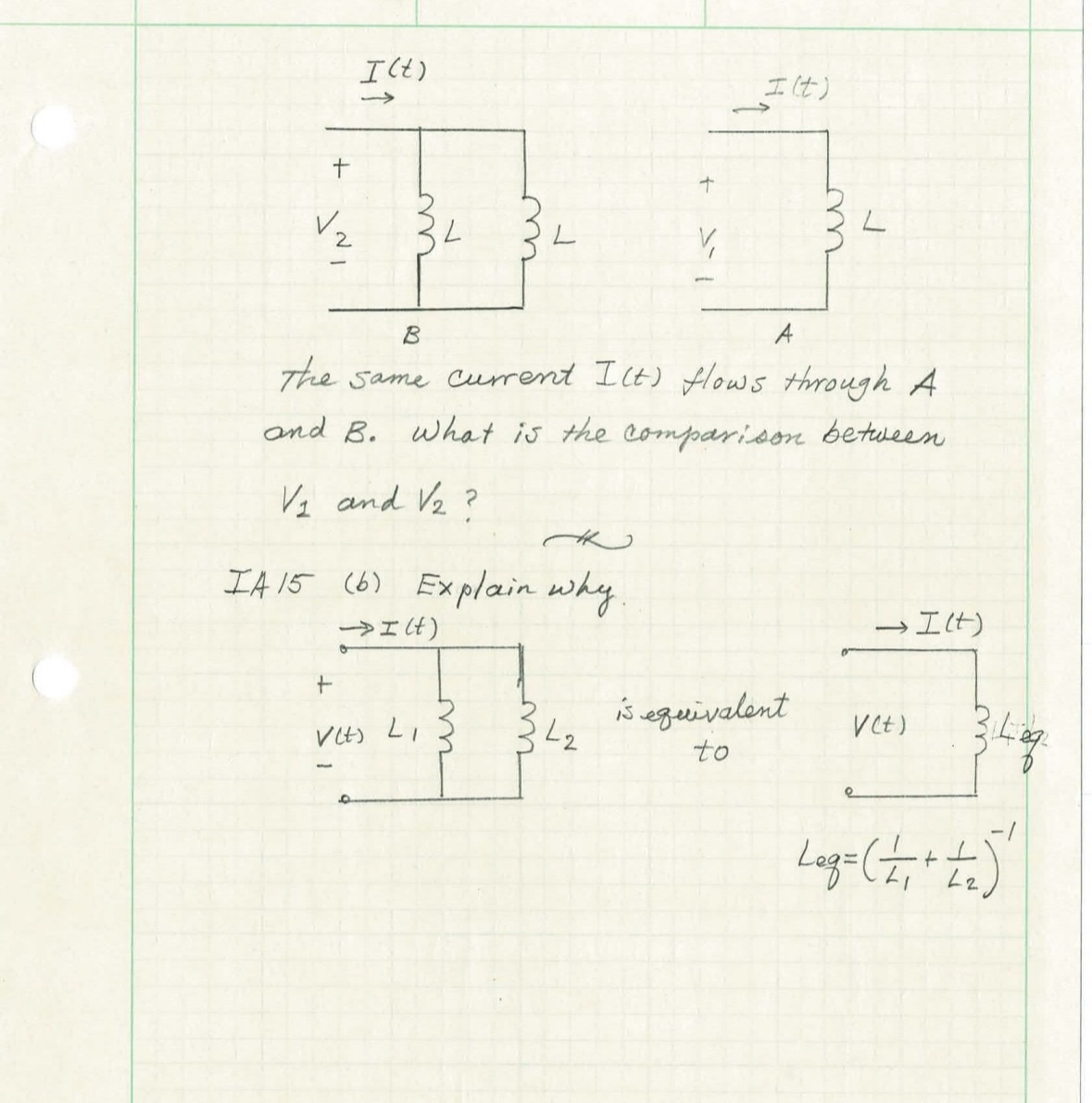 The same current I ( t ) flows through A and B .
