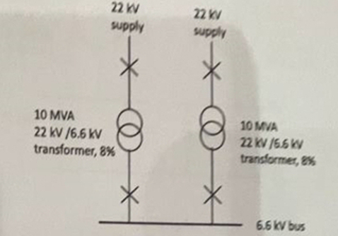 A 6 . 6 - kV switchboard is supplied by two 2 2 -