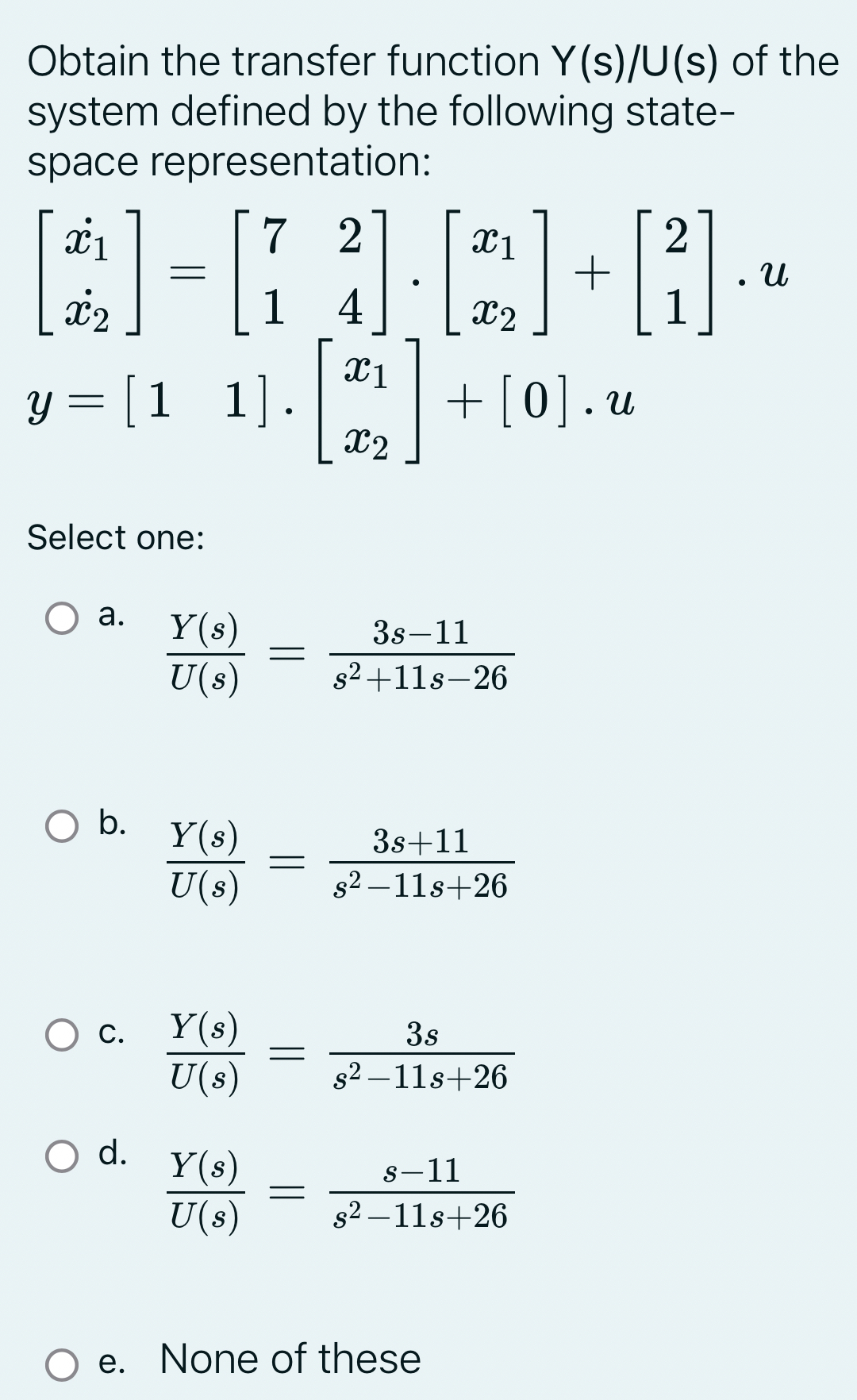 Obtain the transfer function Y s U ( s ) of the