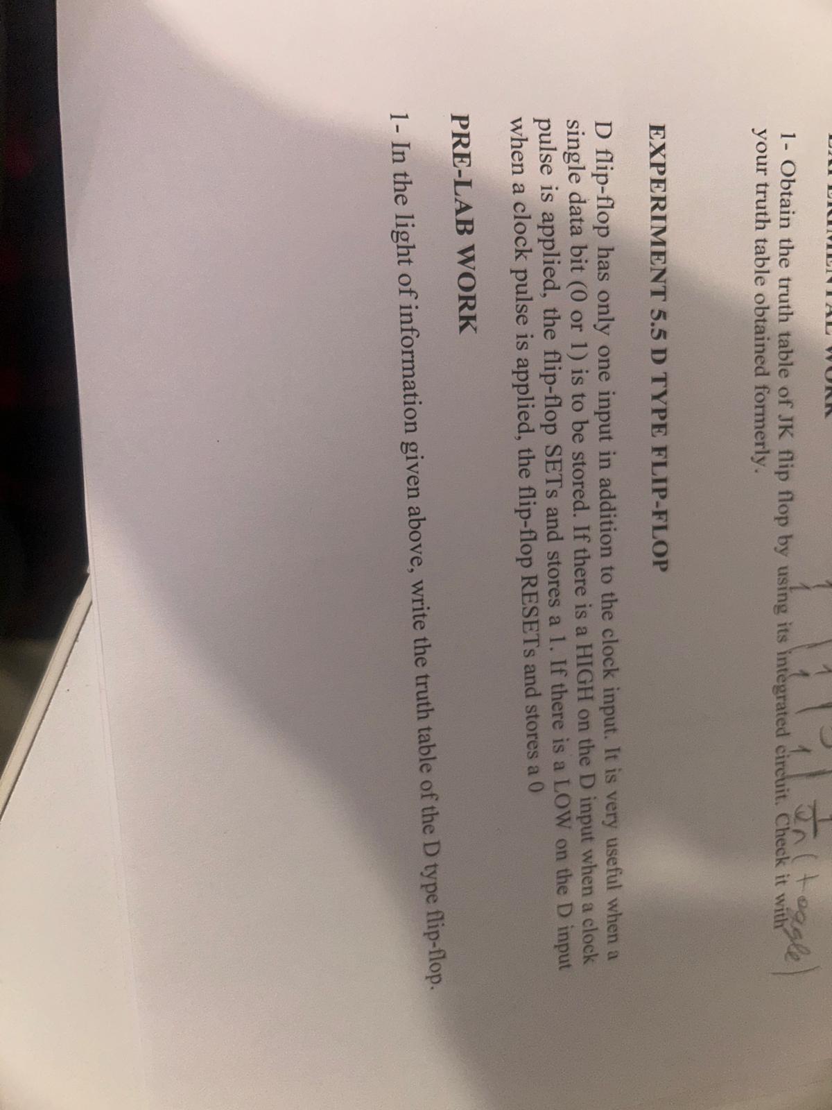 1 - Obtain the truth table of JK flip flop by