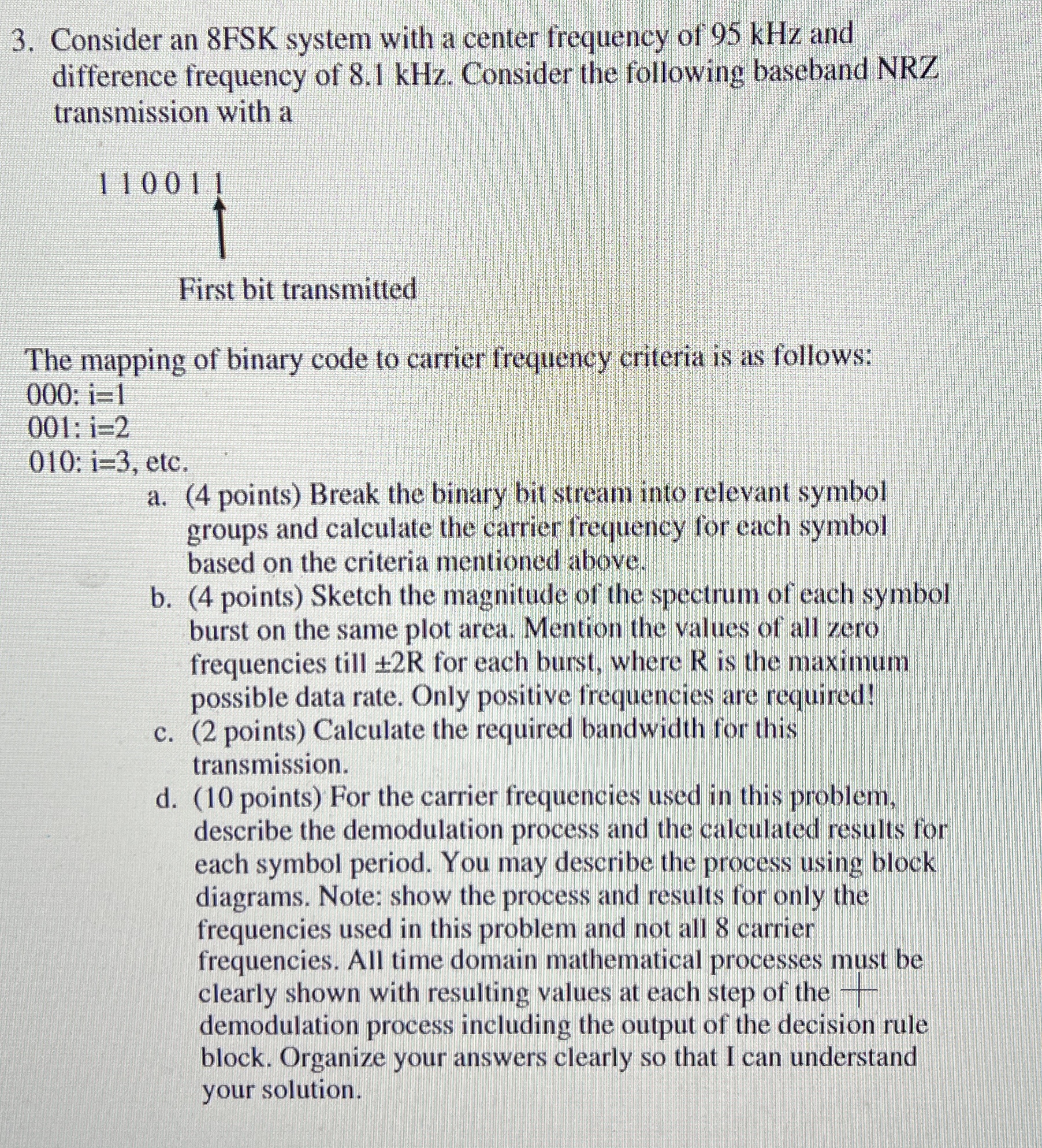 Consider an 8 FSK system with a center frequency