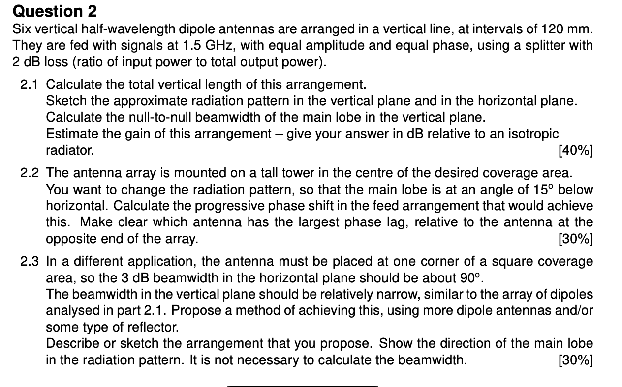 Question 2 Six vertical half - wavelength dipole