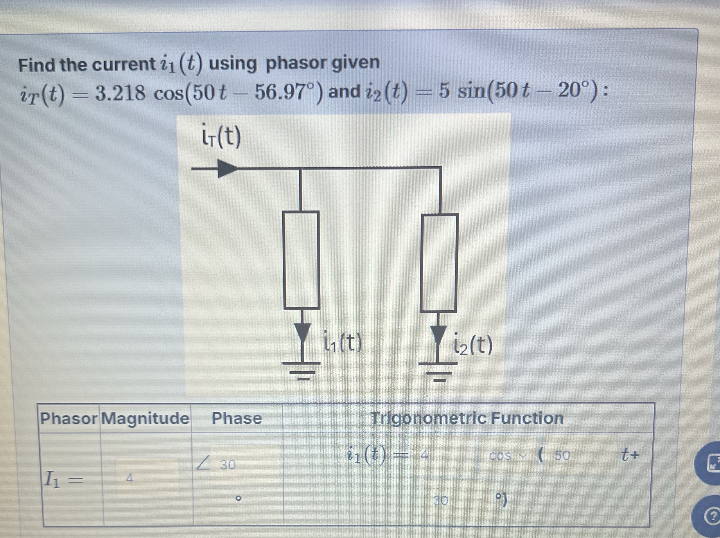 Find the current i 1 ( t ) using phasor given i T
