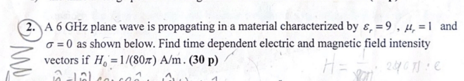A 6 GHz plane wave is propagating in a material
