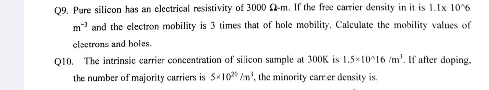 Q 9 . Pure silicon has an electrical resistivity