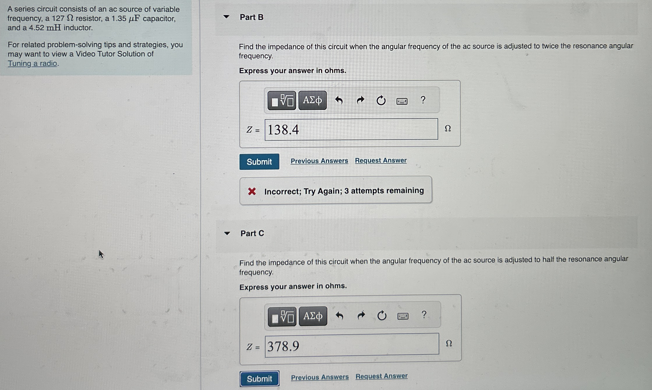 given: impedance when angular freq. of ac source
