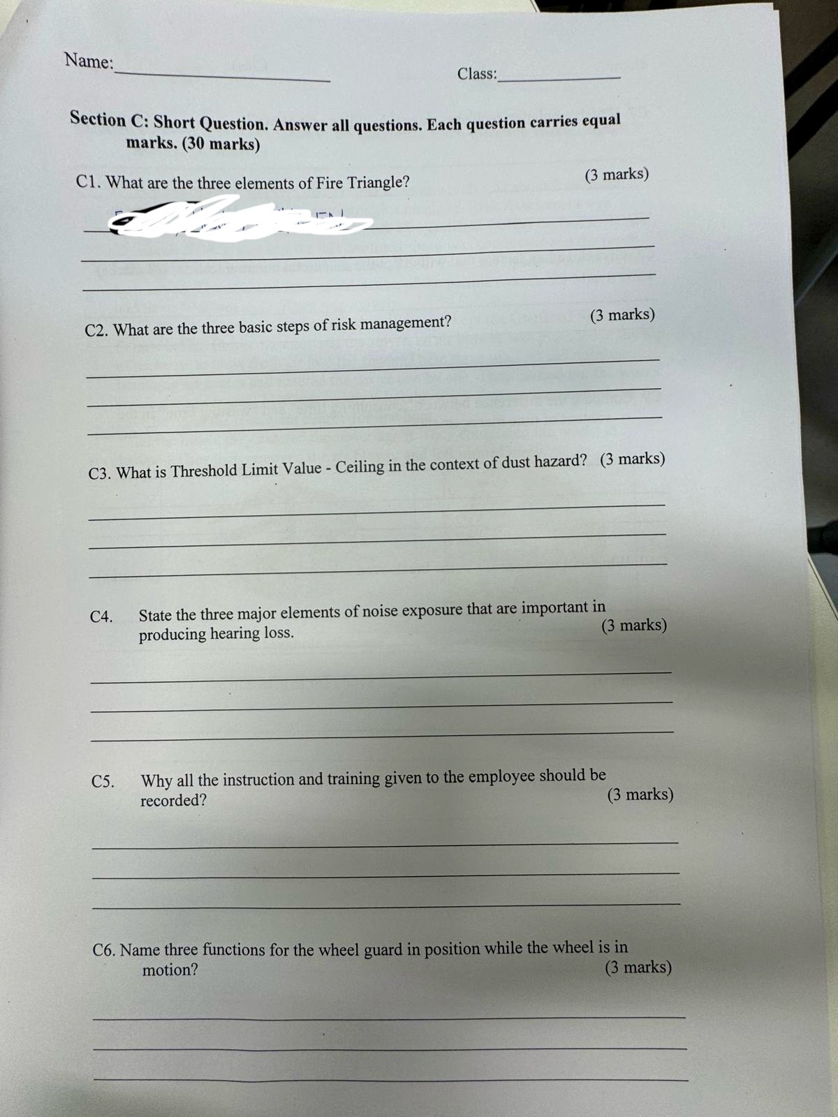 Name Class Section C: Short Question. Answer all