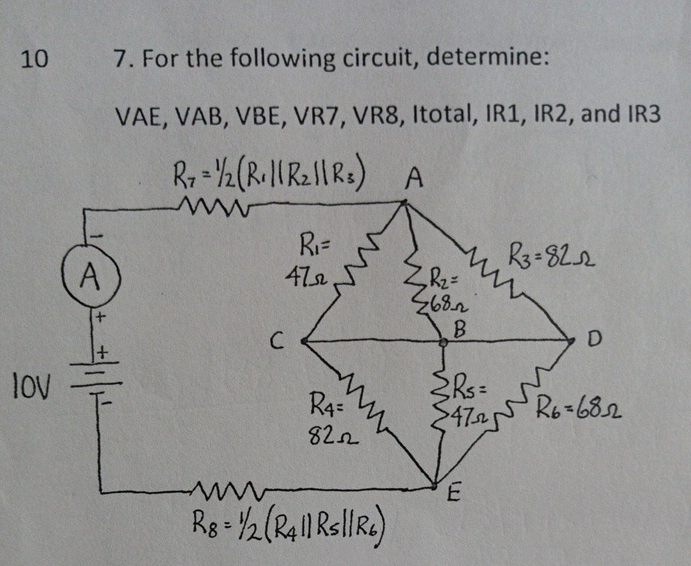 For the following circuit, determine: VAE, VAB,