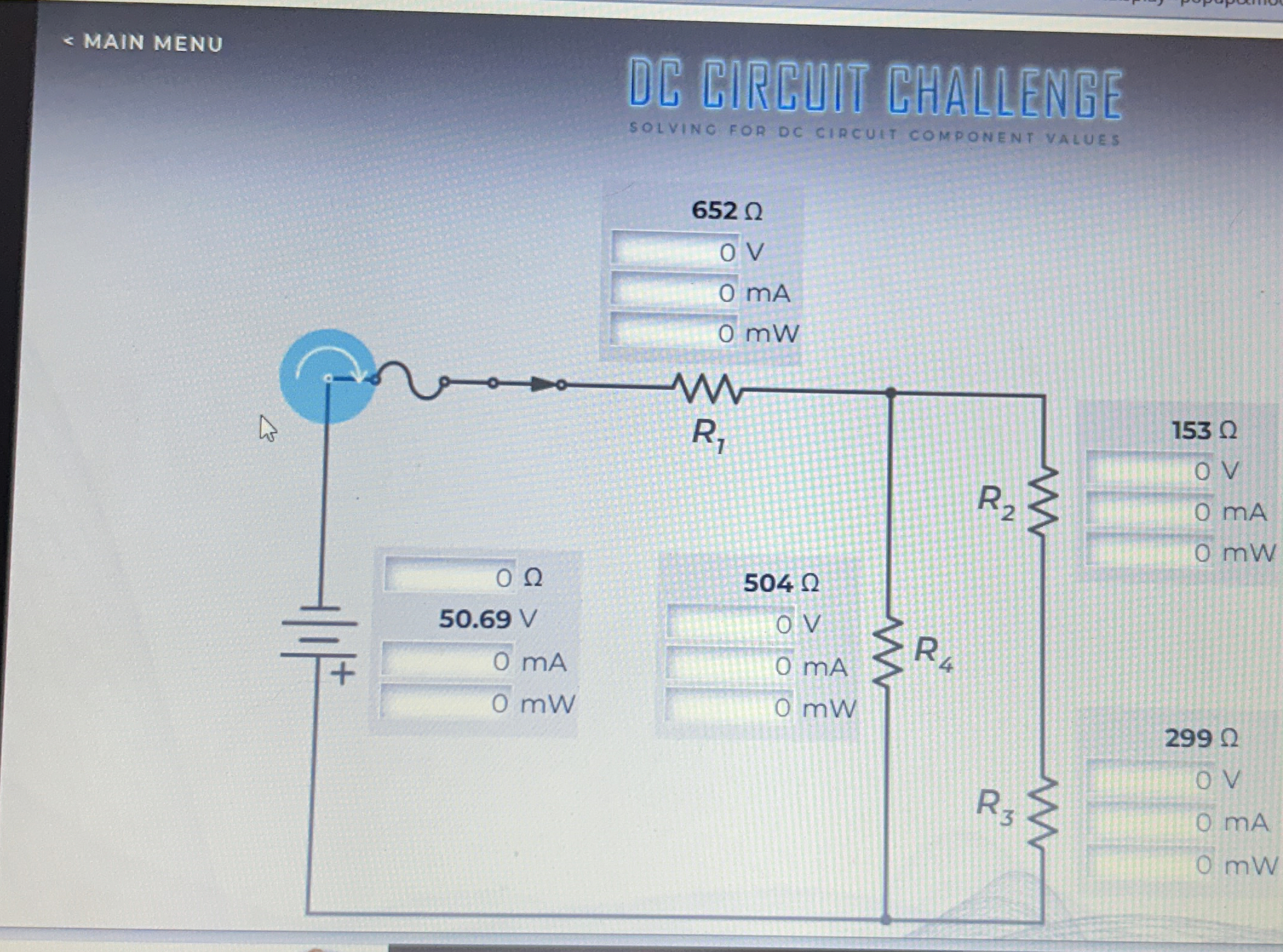 MAIN MENU DC circuit challenge