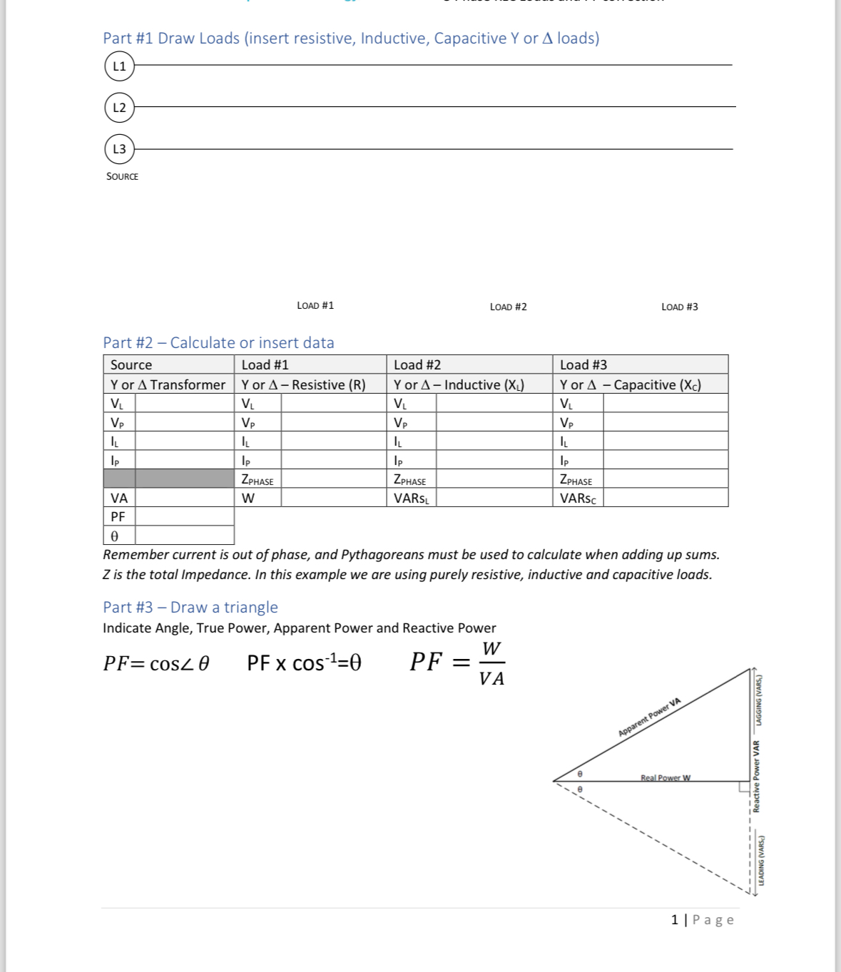 Part # 1 Draw Loads ( insert resistive,