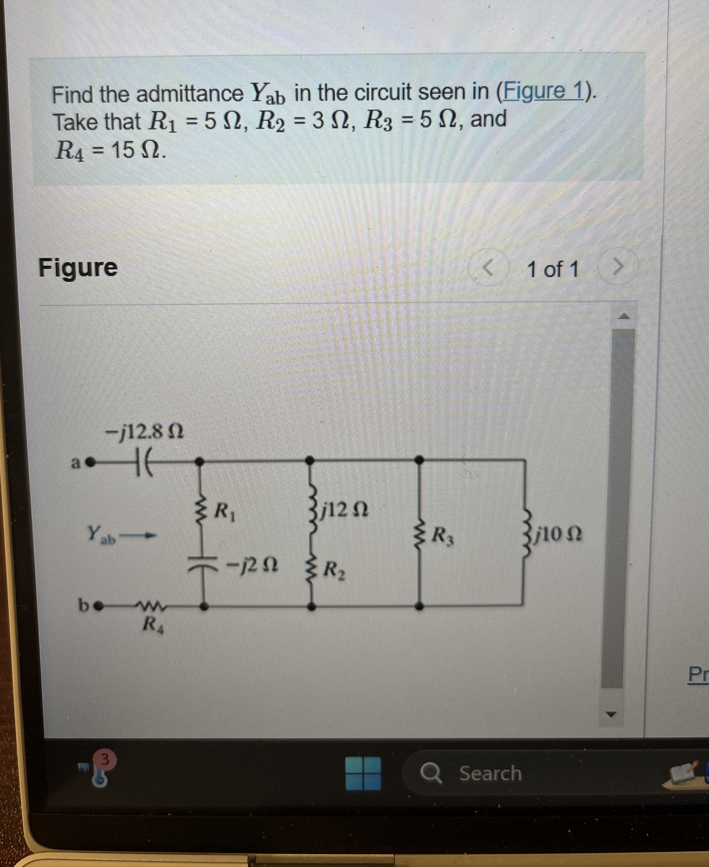 Find the admittance Y a b in the circuit seen in
