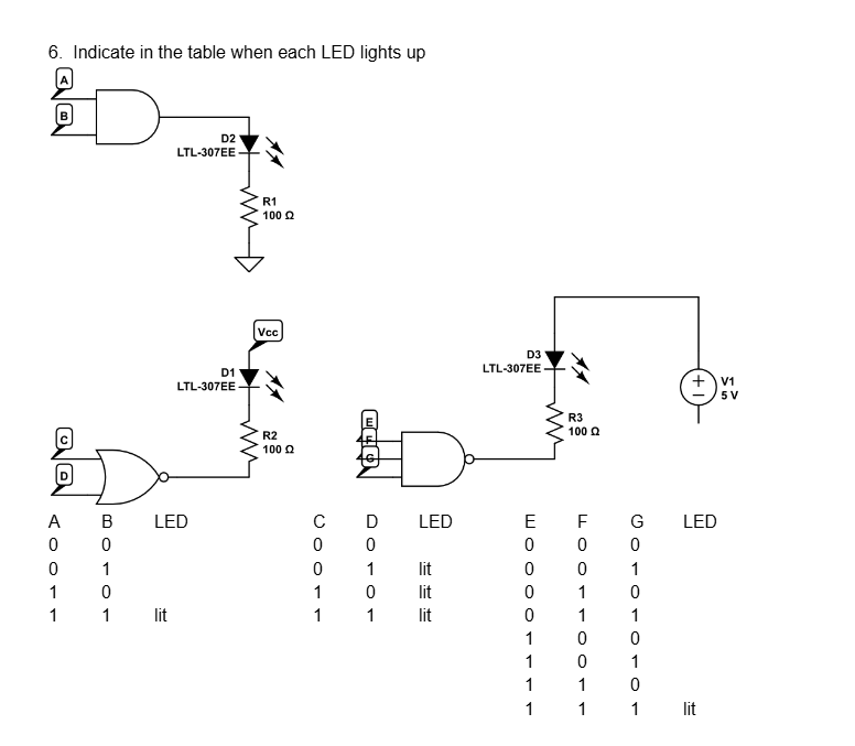 6 . Indicate in the table when each LED lights up