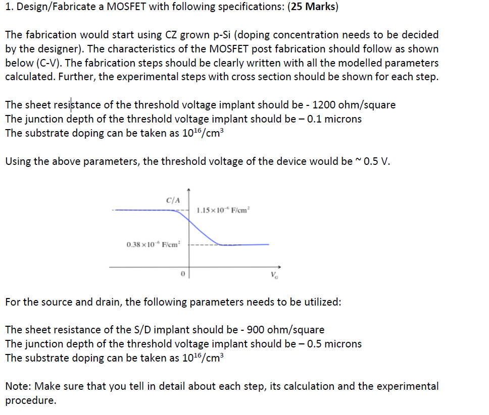 1 . Design / Fabricate a MOSFET with following