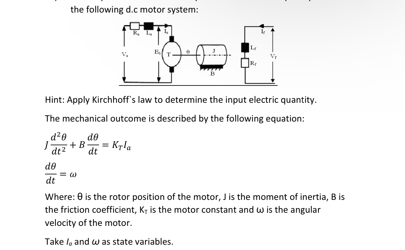 the following d . c motor system: Hint: Apply