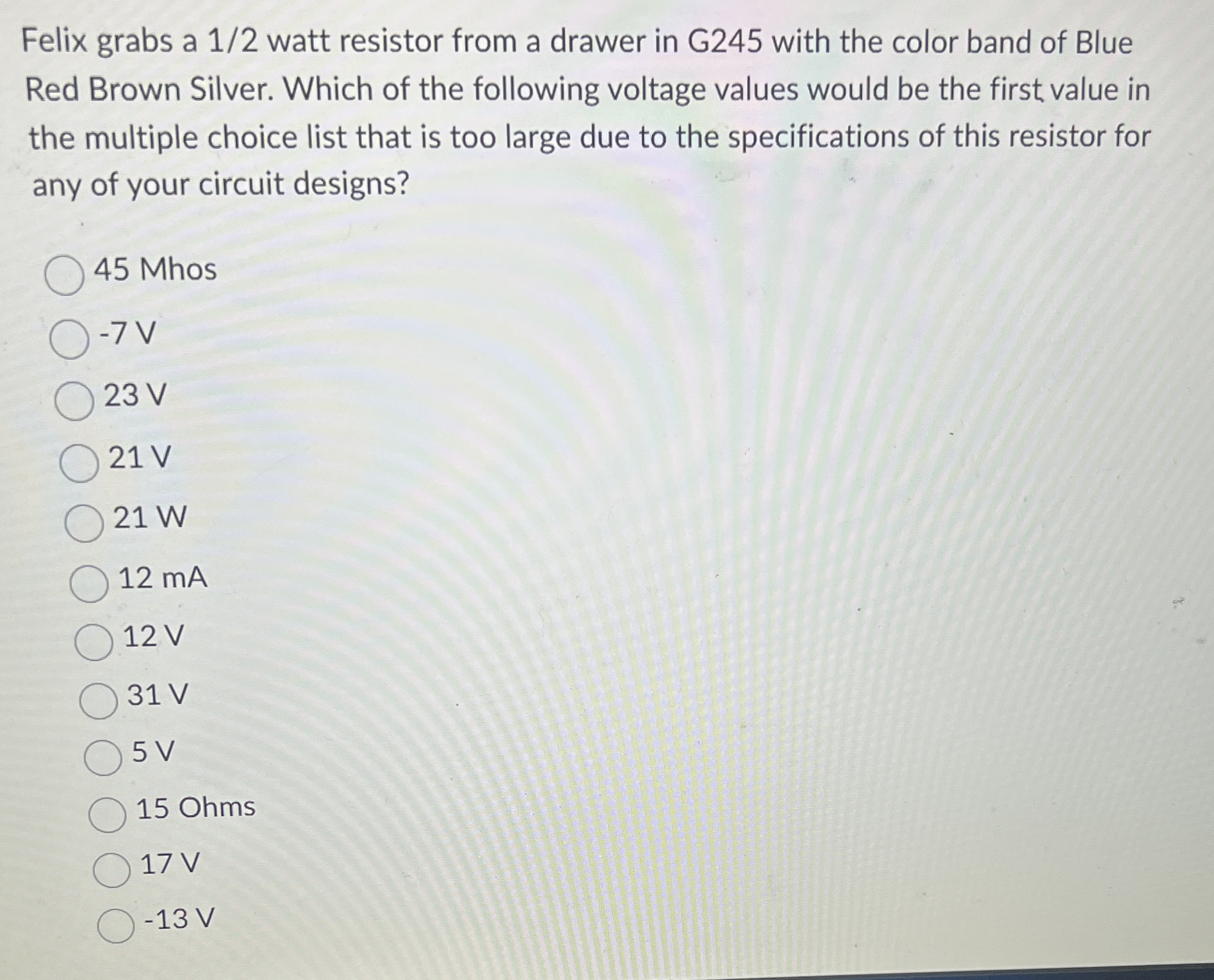 Felix grabs a 1 2 watt resistor from a drawer in
