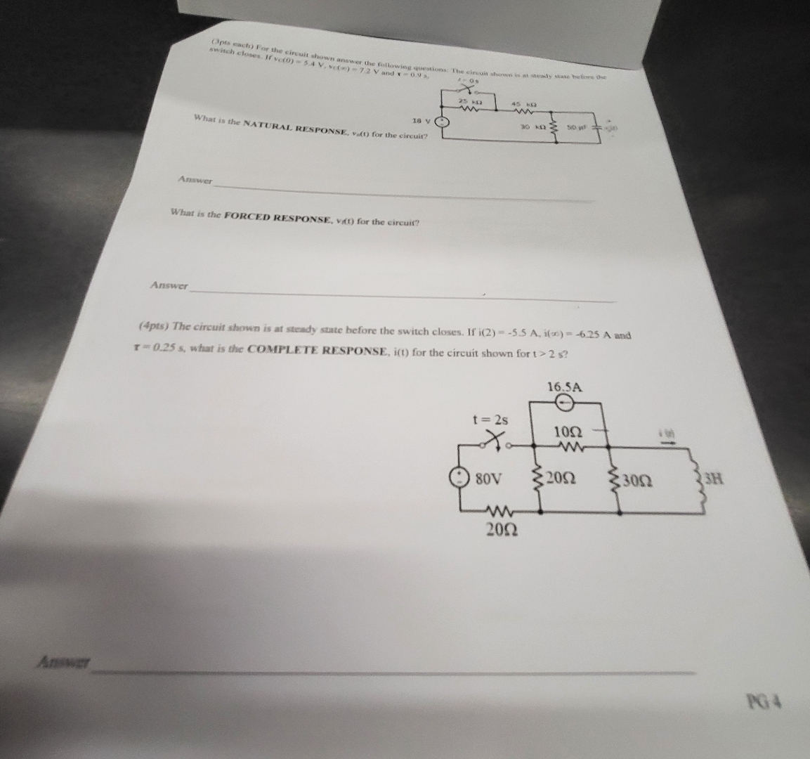 What is the NATURAL RESPONSE, ve ( t ) for the