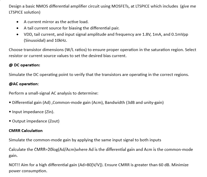 Design a basic NMOS differential amplifier