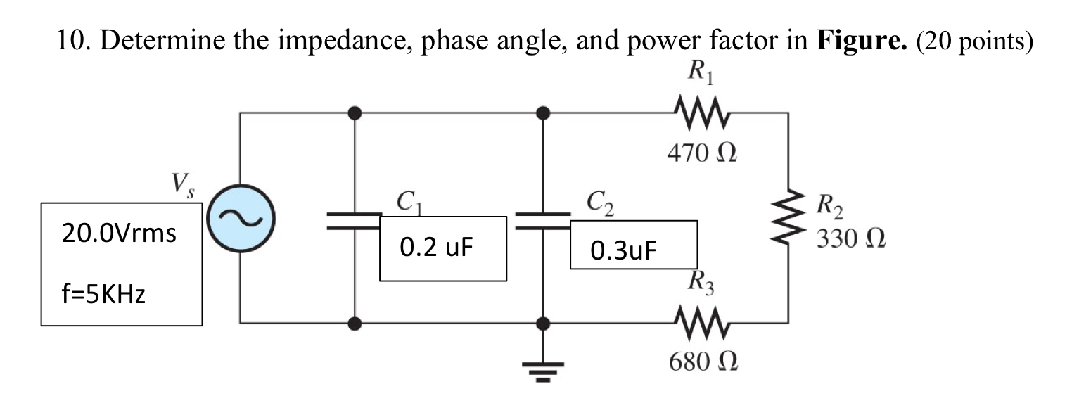 Determine the impedance, phase angle, and power