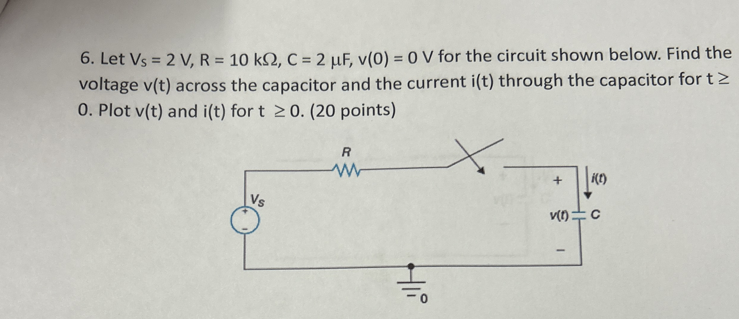Let V s = 2 V , R = 1 0 k , C = 2 F , v ( 0 ) = 0