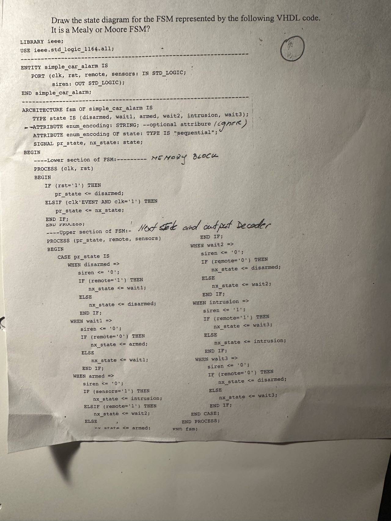 Draw the state diagram for the FSM represented by