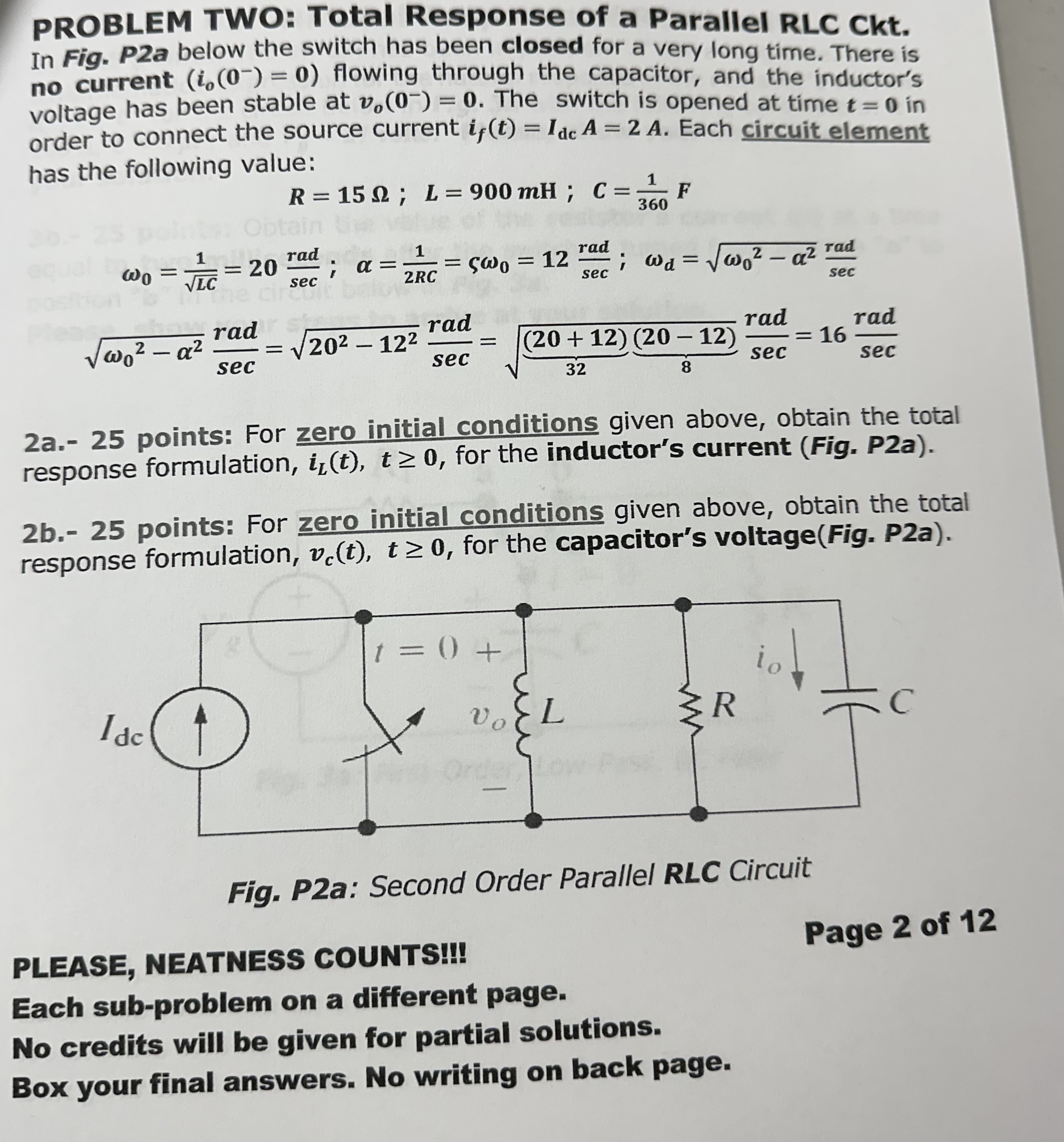 PROBLEM TWO: Total Response of a Parallel RLC Ckt