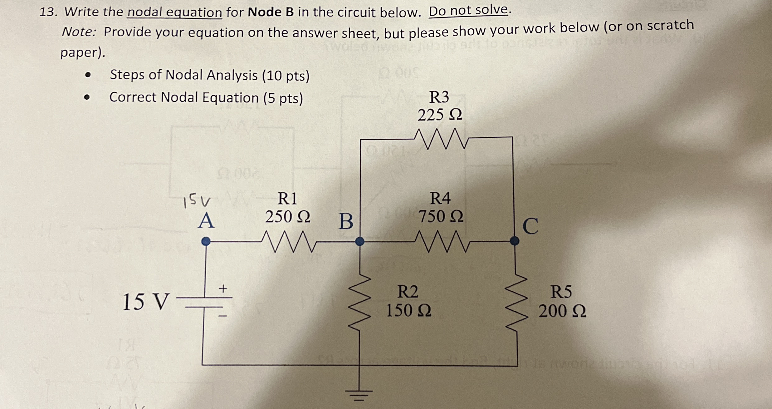 Write the nodal equation for Node B in the