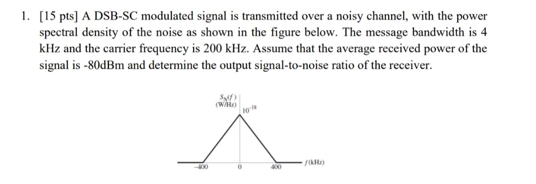 1 . [ 1 5 pts ] A DSB - SC modulated signal is