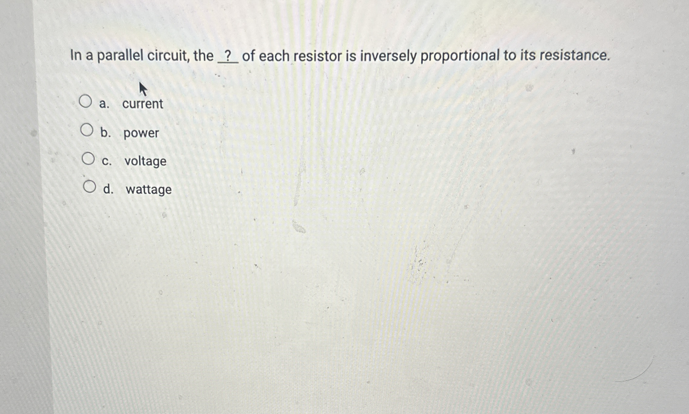 In a parallel circuit, the ? of each resistor is