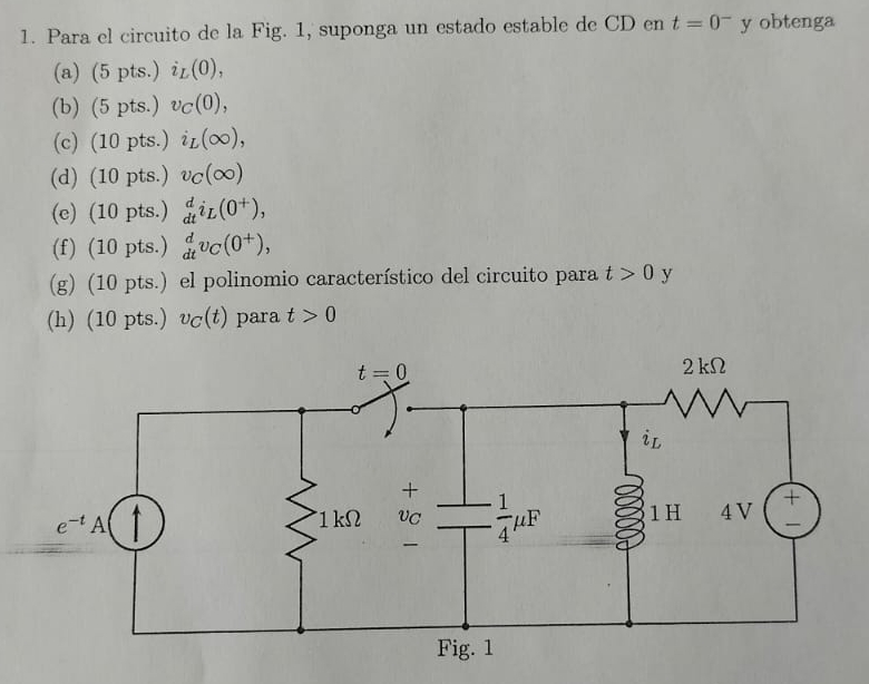 Para el circuito de la Fig. 1 , suponga un estado