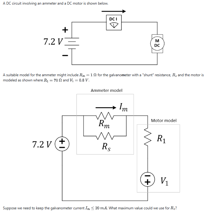 A DC circuit involving an ammeter and a DC motor