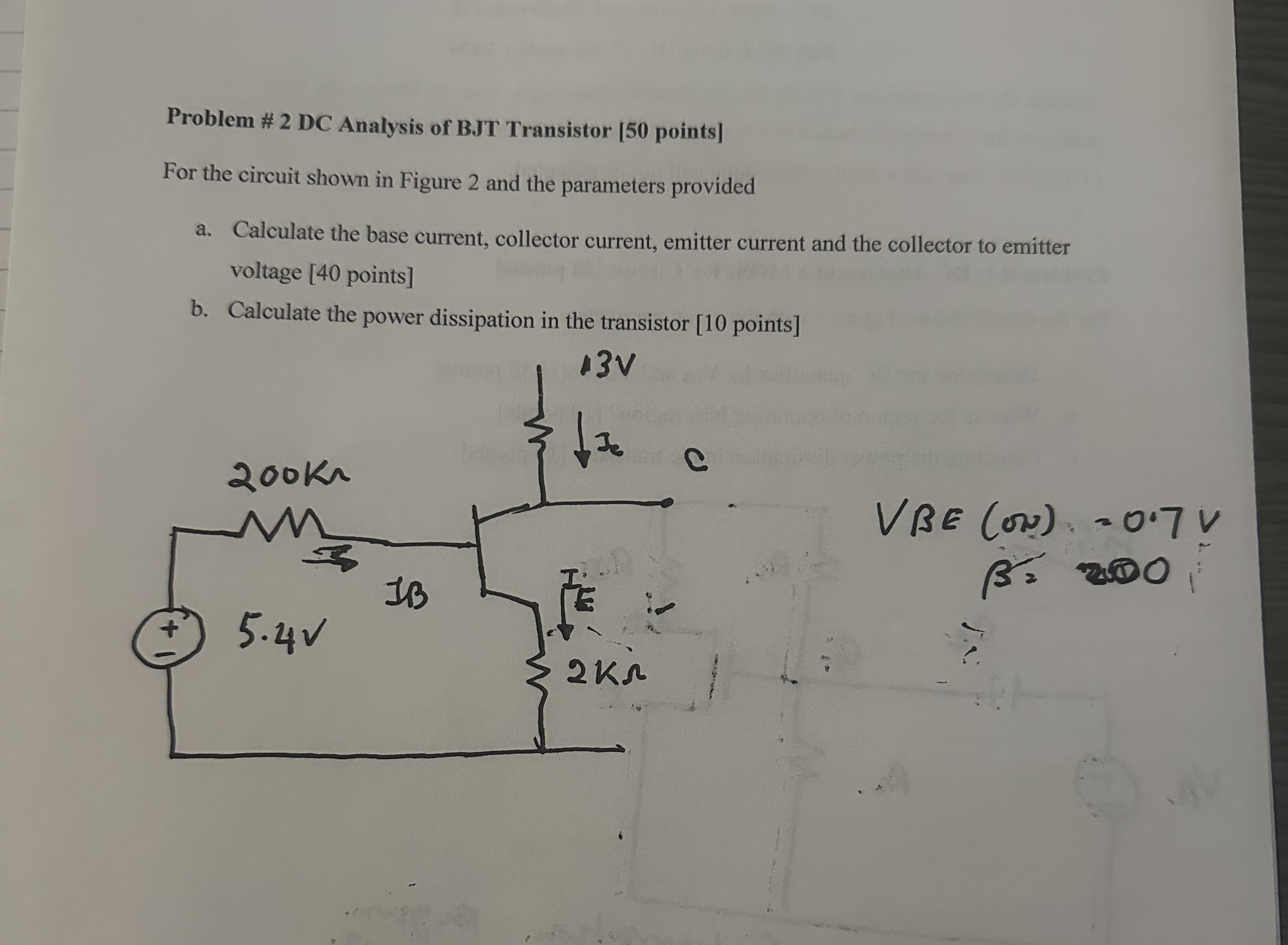 Problem \ # 2 DC Analysis of BJT Transistor [ 5 0