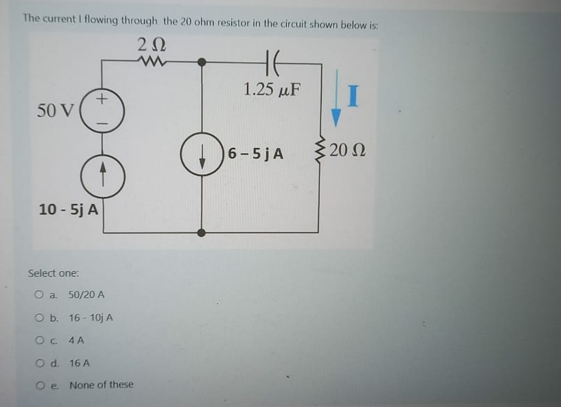 The current I flowing through the 2 0 ohm