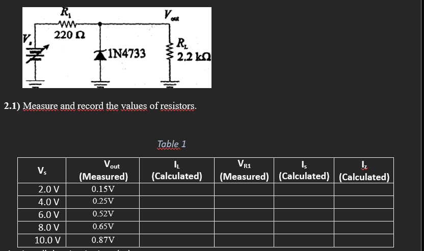 2 . 1 ) Measure and record the values of