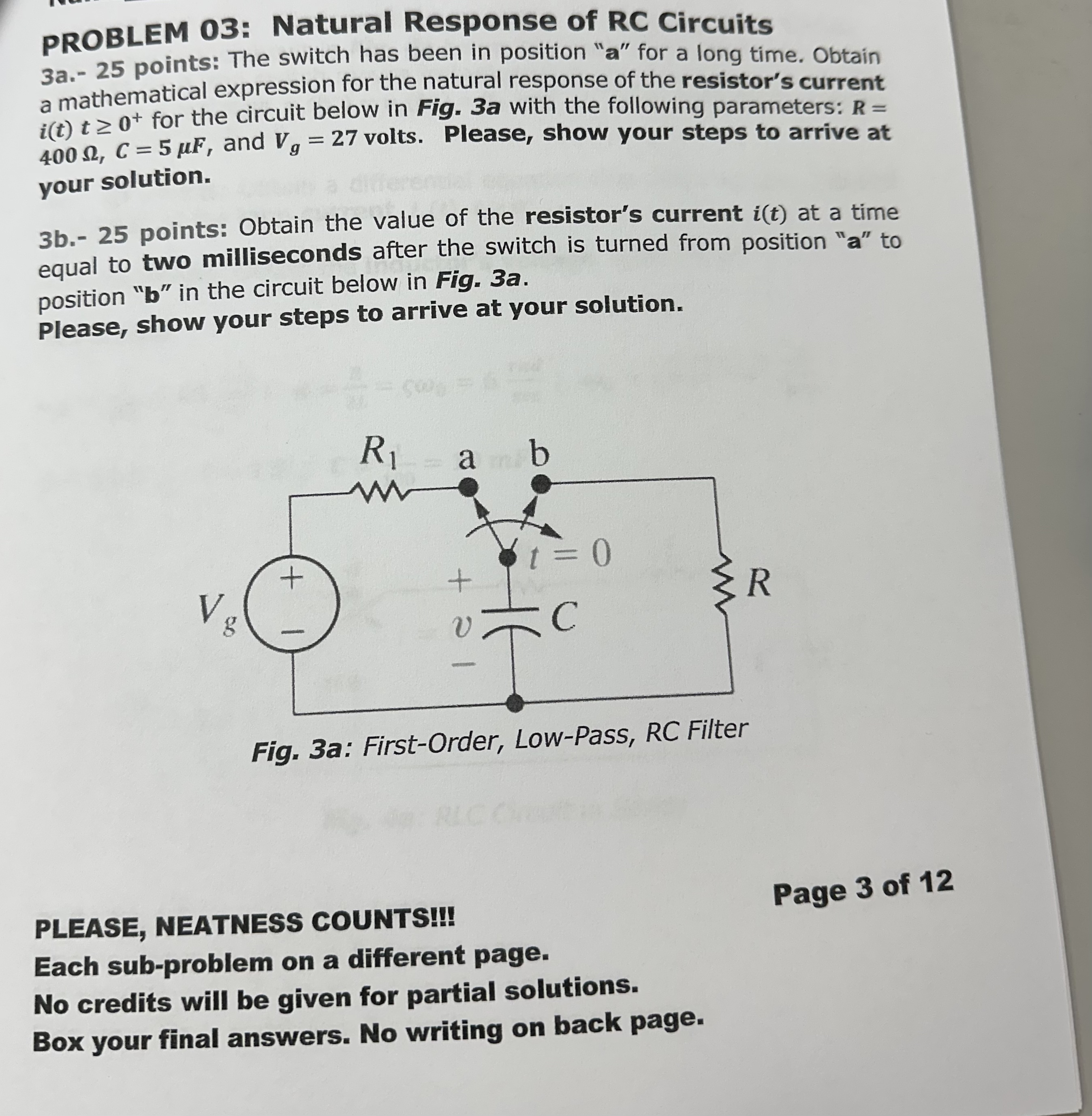 PROBLEM 0 3 : Natural Response of RC Circuits 3 a