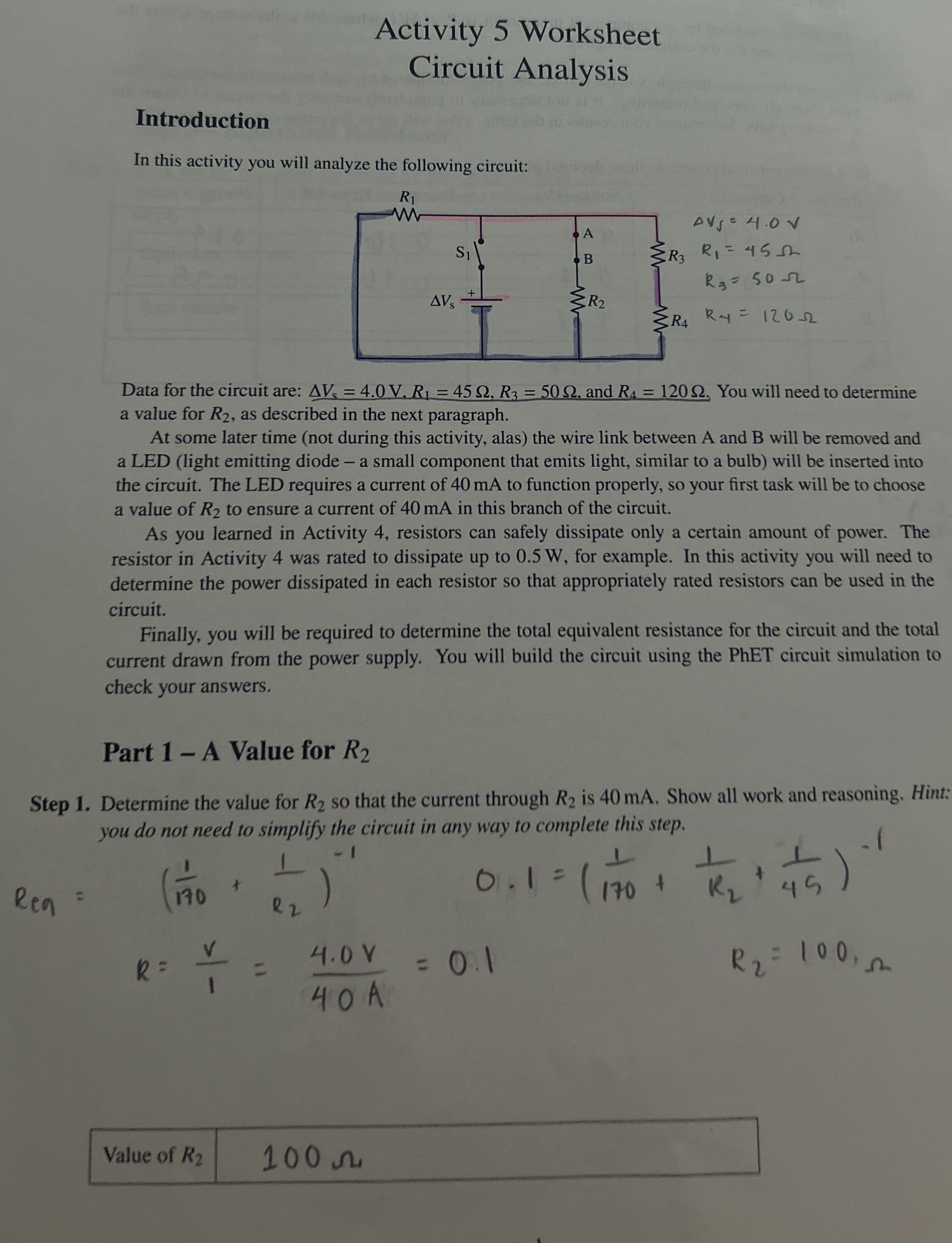 Activity 5 Worksheet Circuit Analysis