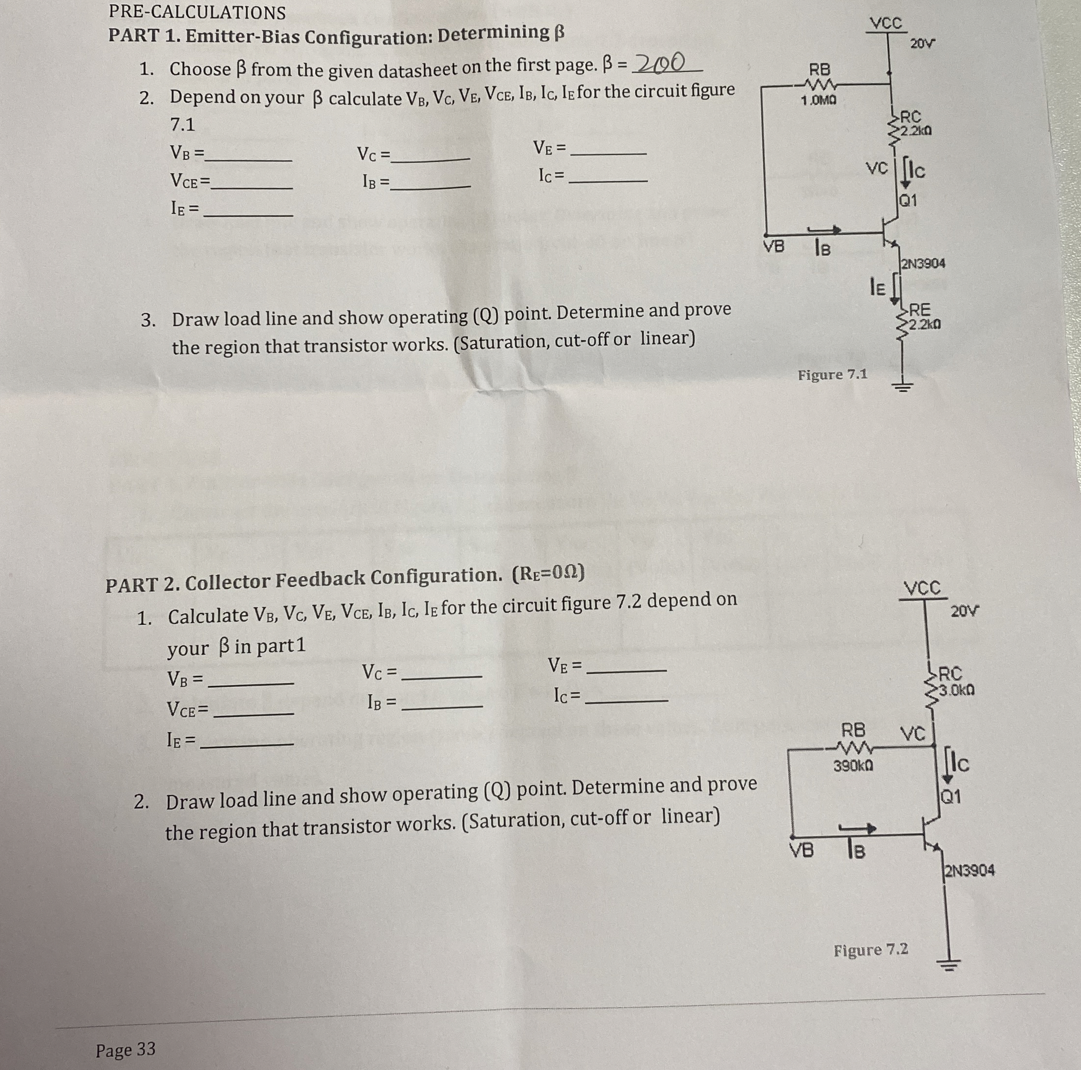 PRE - CALCULATIONS PART 1 . Emitter - Bias