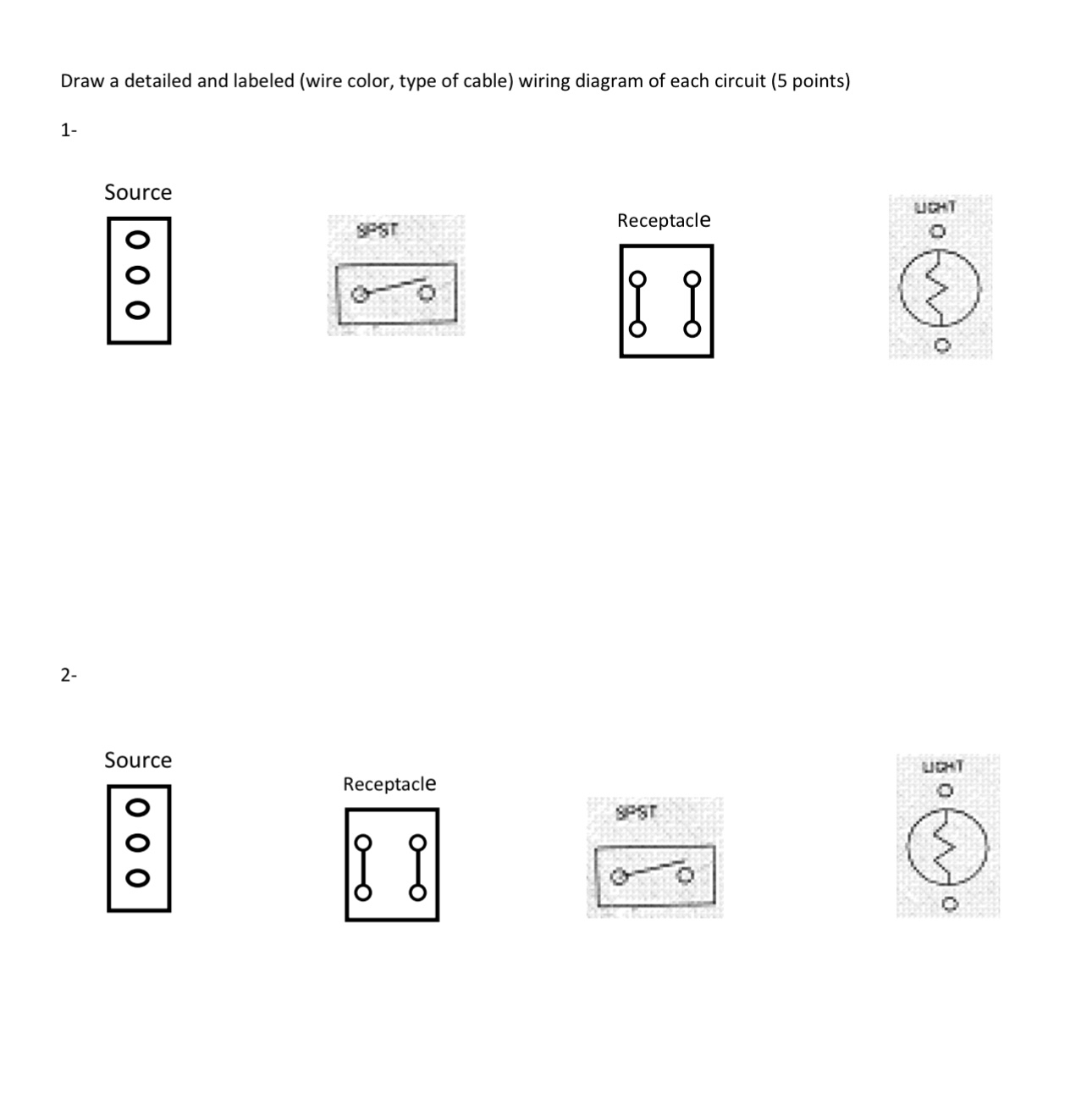 Draw a detailed and labeled ( wire color, type of