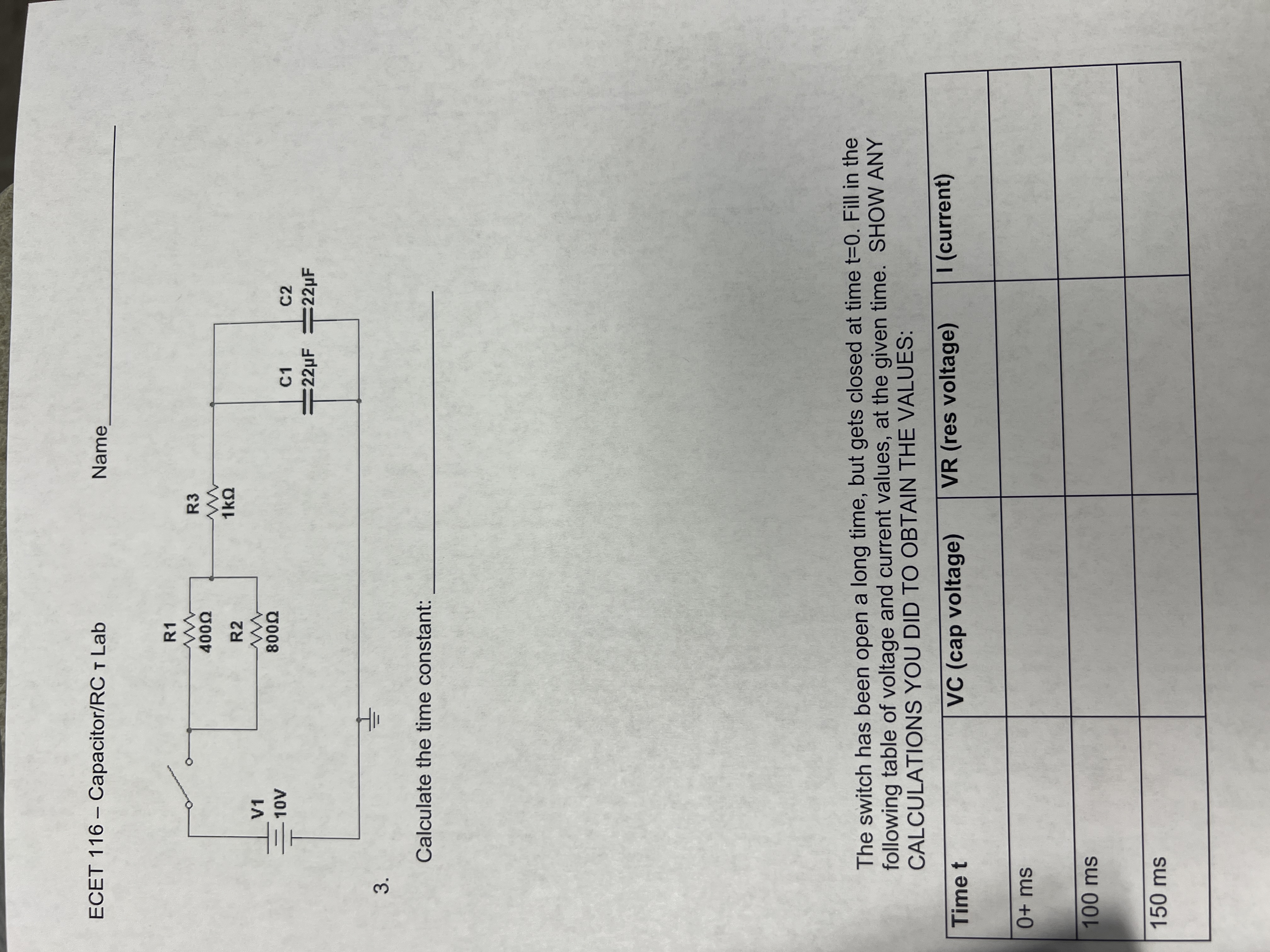 ECET 1 1 6 - Capacitor / RC i Lab Nan The switch