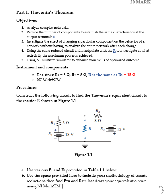 Part I: Thevenin's Theorem Objectives: 1 .