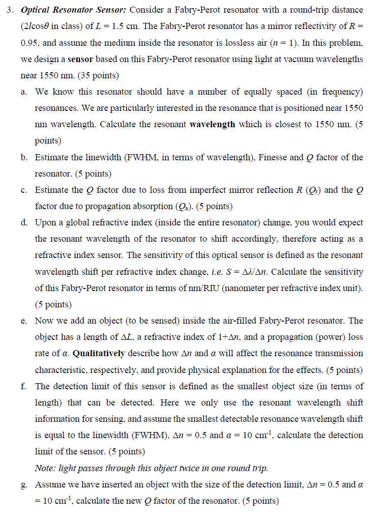 3 . Optical Resonator Sensor: Consider a Fabry -