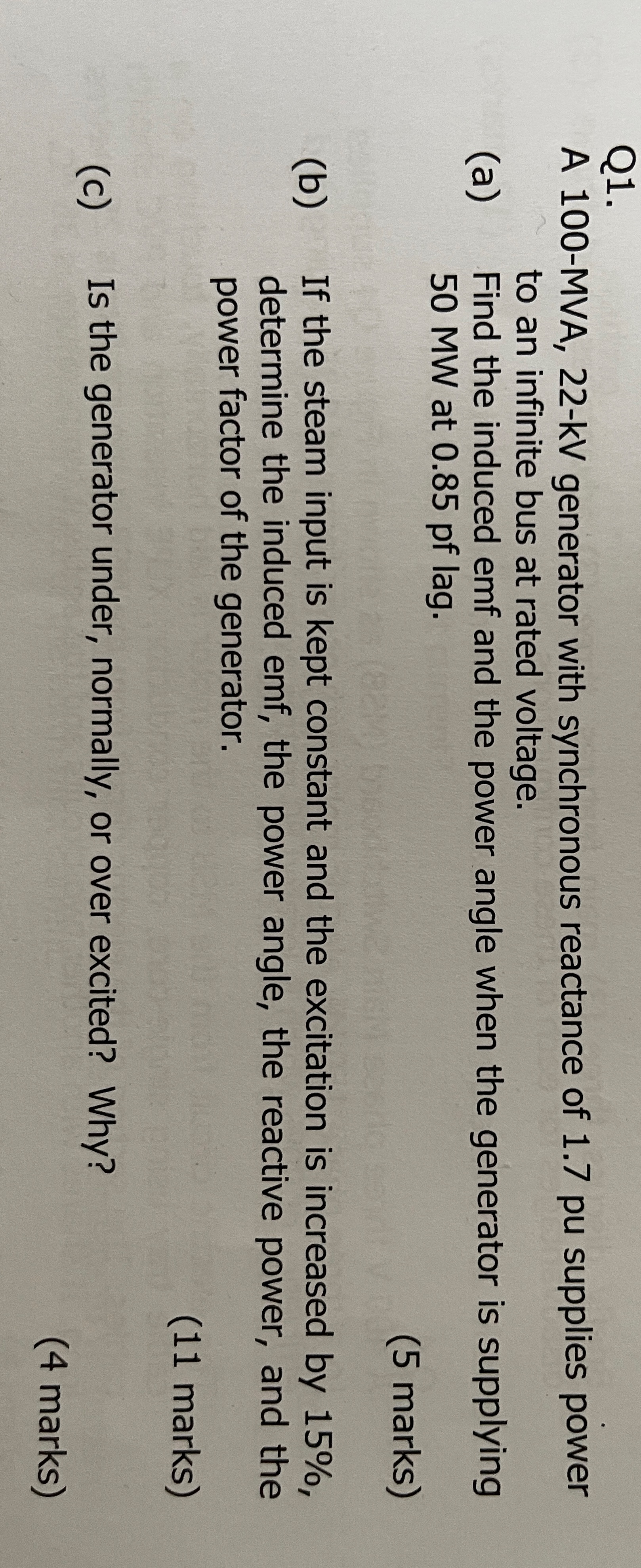 Q 1 . A 1 0 0 - MVA, 2 2 - kV generator with