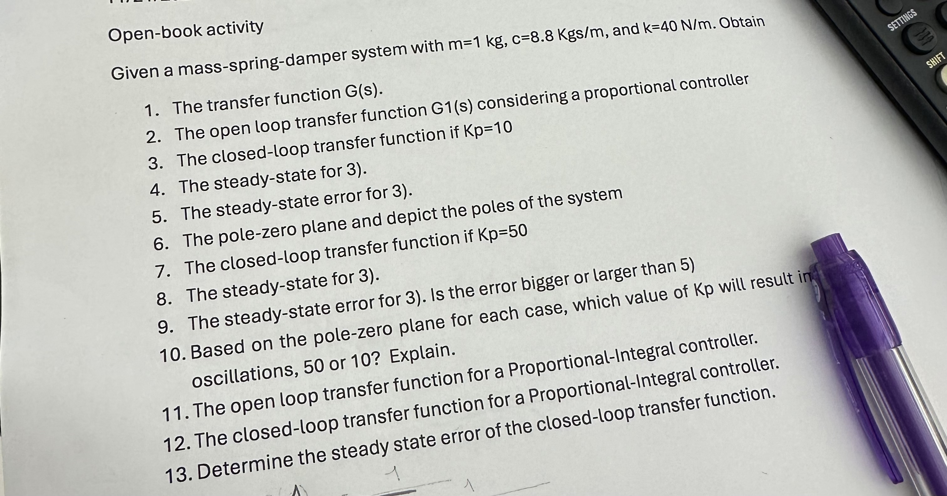 Given a mass - spring - damper system with m = 1